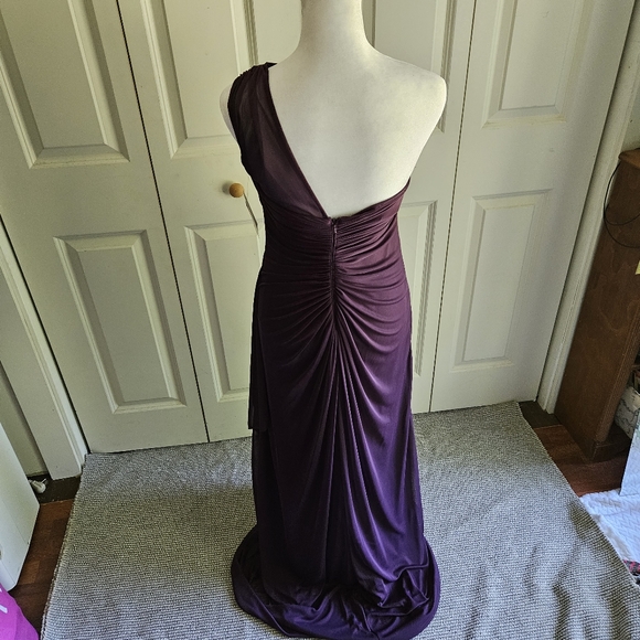 David's Bridal Long Mesh One Shoulder Illusion Dress Plum Style# F19074 Size 4 - Picture 3 of 15